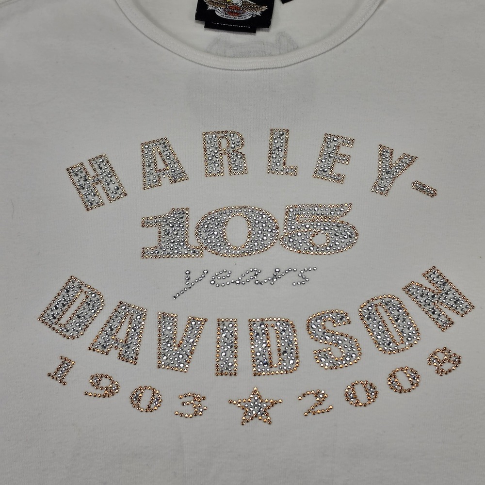 Harley-Davidson T-Shirt Womens M White Excellent 105th Anniversary Rhinestone